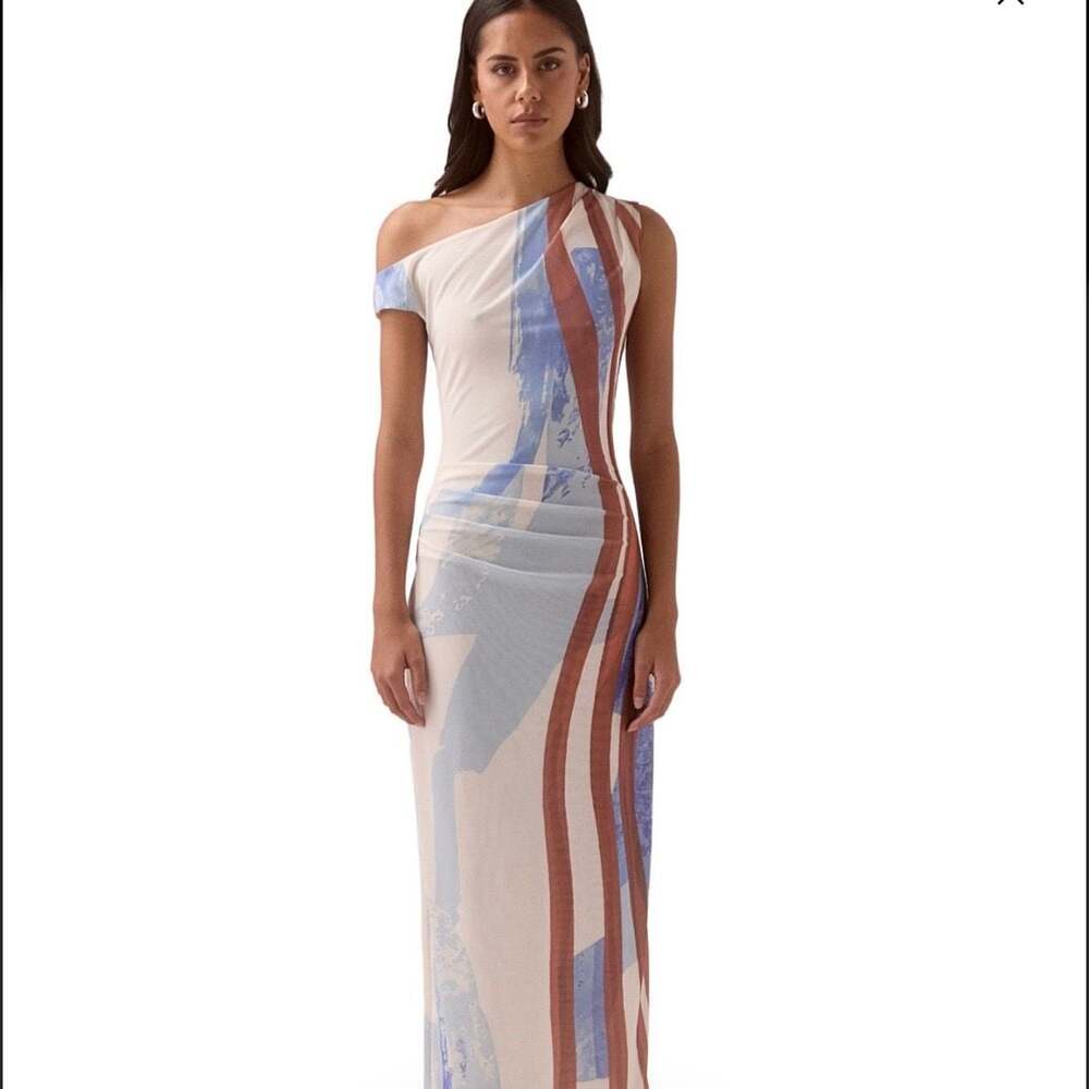 SOVERE STUDIO Hunter Mesh Off-The-Shoulder Maxi Dress in Blue Spice 1X